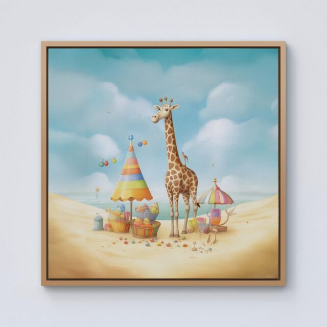Warren Reed - Designer Giraffe On A Beach Holiday Framed Canvas in Light Brown - Size: w10 inch x h10 inch - image 1