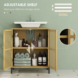 HOMCOM Under Sink Cabinet with Slat Doors Adjustable Shelf Natural in Yellow - thumbnail 6