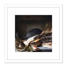 Artery8 Lievens Still Life With Books Painting 8X8 Inch Square Wooden Framed Wall Art Print Picture with Mount in White - thumbnail 1