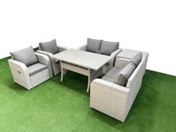 Fimous 6 Seater Outdoor Reclining Chair Love Sofa Set Rattan Garden Furniture Set with Rectangular Dining Table Side Table Light Grey - thumbnail 2