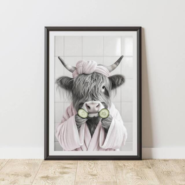 60 SECOND MAKEOVER Highland Cow Pink Robe Cucumber Quirky Animal Print - Size: A4 - image 1