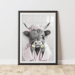 60 SECOND MAKEOVER Highland Cow Pink Robe Cucumber Quirky Animal Print - Size: A4 - thumbnail 1