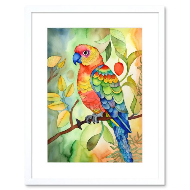 "Artery8 Wall Art Print Parrot Bird On Tree Branch Folk Art Watercolour Painting Artwork Framed 9X7 Inch in White - Size: W7"" x H9""" - image 1