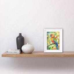 "Artery8 Wall Art Print Parrot Bird On Tree Branch Folk Art Watercolour Painting Artwork Framed 9X7 Inch in White - Size: W7"" x H9""" - thumbnail 2