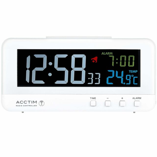 Acctim Rialto Digital Alarm Clock Radio Controlled Crescendo Alarm Thermometer High Contrast Coloured VA Display in White - image 1