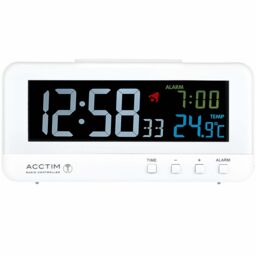 Acctim Rialto Digital Alarm Clock Radio Controlled Crescendo Alarm Thermometer High Contrast Coloured VA Display in White