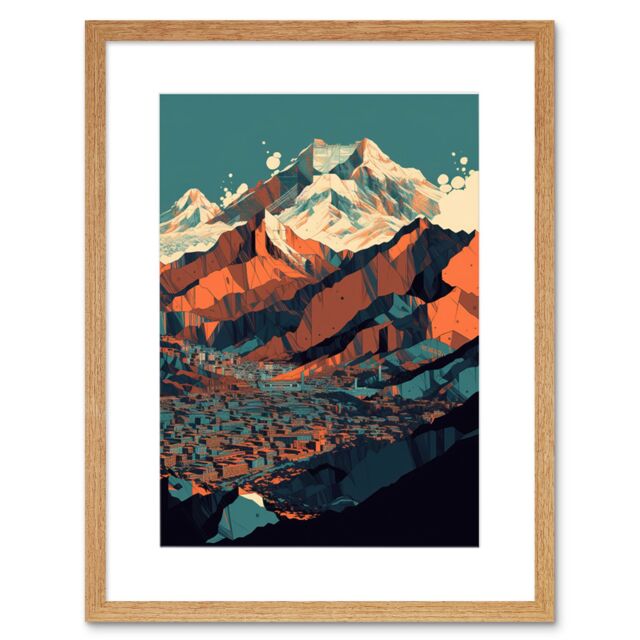 "Artery8 Wall Art Print Modern City Surrounded by Tall Mountains Landscape Artwork Framed 9X7 Inch in Beige - Size: W7"" x H9""" - image 1