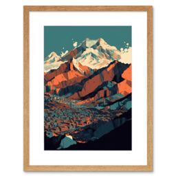 "Artery8 Wall Art Print Modern City Surrounded by Tall Mountains Landscape Artwork Framed 9X7 Inch in Beige - Size: W7"" x H9""" - thumbnail 1