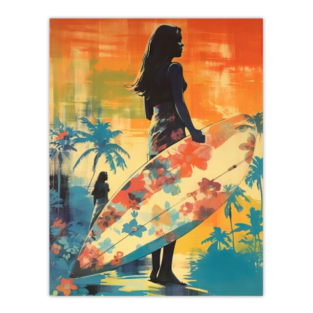 "Artery8 Wall Art Print Hawaiian Surf Retro Palm Tree Floral In Blue & Orange Vibrant Bold Bright Colourful Painting Poster - Size: W24"" x H32""" - image 1