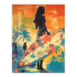 "Artery8 Wall Art Print Hawaiian Surf Retro Palm Tree Floral In Blue & Orange Vibrant Bold Bright Colourful Painting Poster - Size: W24"" x H32""" - thumbnail 1