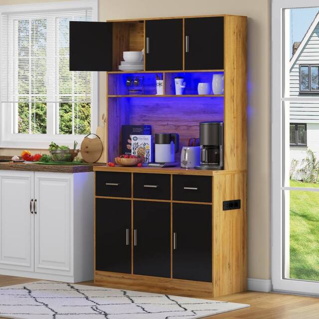 BTM Kitchen Tall Cabinet Pantry LED Charging Station Storage Cupboard in Black - image 1