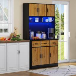 BTM Kitchen Tall Cabinet Pantry LED Charging Station Storage Cupboard in Black - thumbnail 2