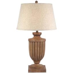 Wyld Haus Auberville Fluted Wooden Table Lamp Tapered Cream Linen Shade in Brown - thumbnail 2