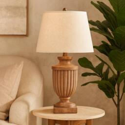 Wyld Haus Auberville Fluted Wooden Table Lamp Tapered Cream Linen Shade in Brown