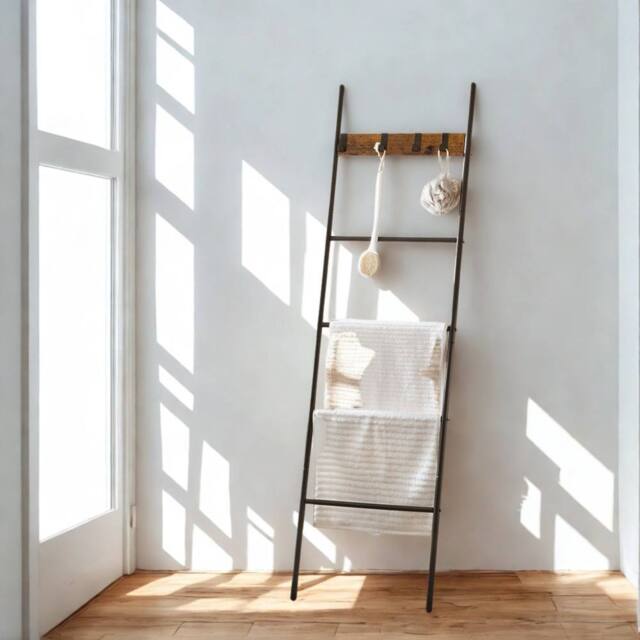 Pirlo Plush Towel Blanket Ladder Shelf Rack With Hooks in Brown - image 1