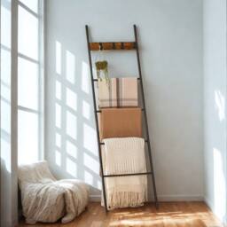 Pirlo Plush Towel Blanket Ladder Shelf Rack With Hooks in Brown - thumbnail 2