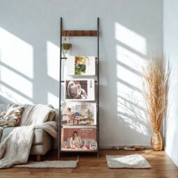 Pirlo Plush Towel Blanket Ladder Shelf Rack With Hooks in Brown - thumbnail 4