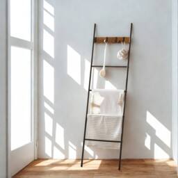Pirlo Plush Towel Blanket Ladder Shelf Rack With Hooks in Brown