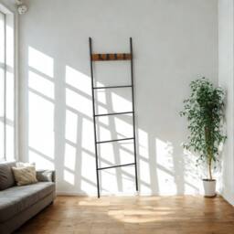 Pirlo Plush Towel Blanket Ladder Shelf Rack With Hooks in Brown - thumbnail 3