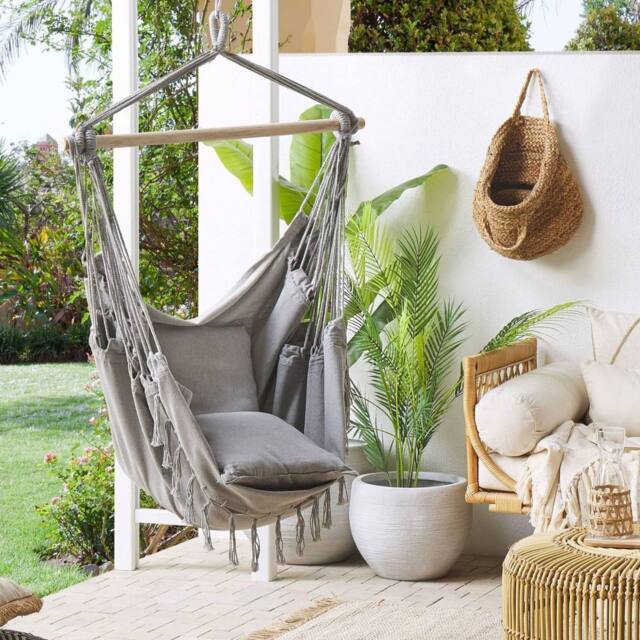 Wyld and Coco Hanging Hammock Chair Light Grey Cotton-Polyester Boho Swing - image 1
