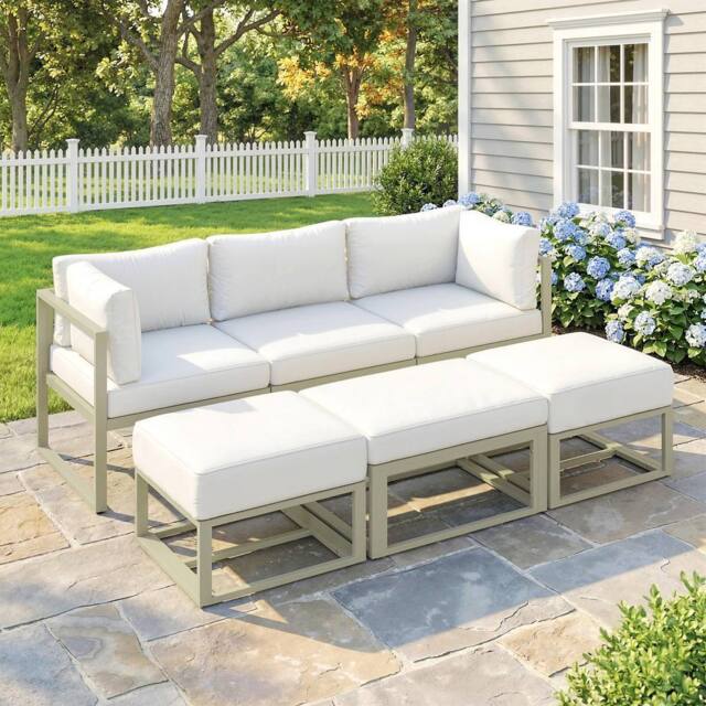 OUTSUNNY 6 PC Garden Daybed, Sectional Sofa Set with Coffee Table, Footstool in Cream - image 1