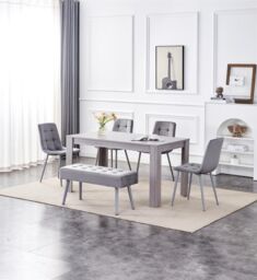 KOSY KOALA Dining Table & 4 Chairs With Bench Grey 4 Grey Velvet Chairs Wood Table Dining Set Furniture - Size: 140 cm x 80 cm