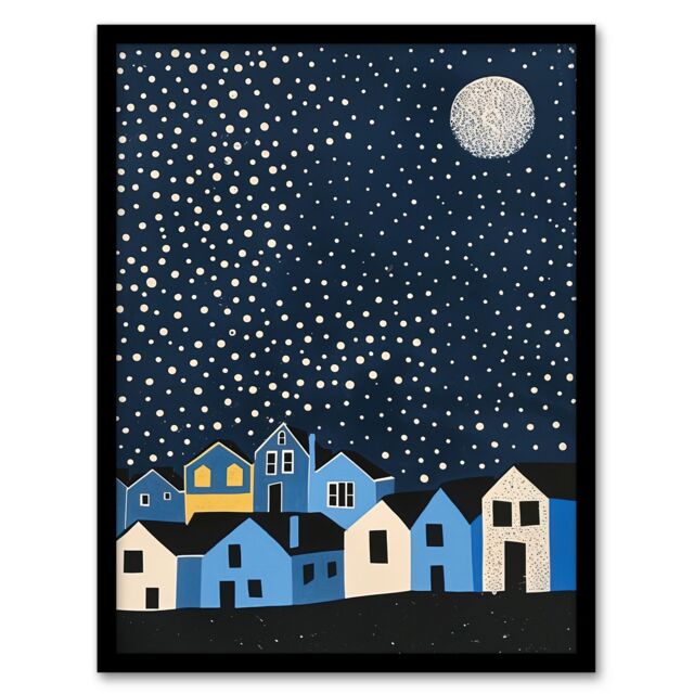 "Artery8 Full Moon Starry Night Over Town Graphic Design Framed Art Print in Blue - Size: W12"" x H16""" - image 1