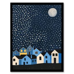 "Artery8 Full Moon Starry Night Over Town Graphic Design Framed Art Print in Blue - Size: W12"" x H16""" - thumbnail 1