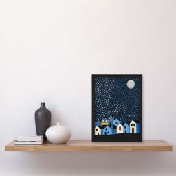 "Artery8 Full Moon Starry Night Over Town Graphic Design Framed Art Print in Blue - Size: W12"" x H16""" - thumbnail 4