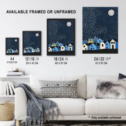 "Artery8 Full Moon Starry Night Over Town Graphic Design Framed Art Print in Blue - Size: W12"" x H16""" - thumbnail 3