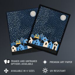 "Artery8 Full Moon Starry Night Over Town Graphic Design Framed Art Print in Blue - Size: W12"" x H16""" - thumbnail 2