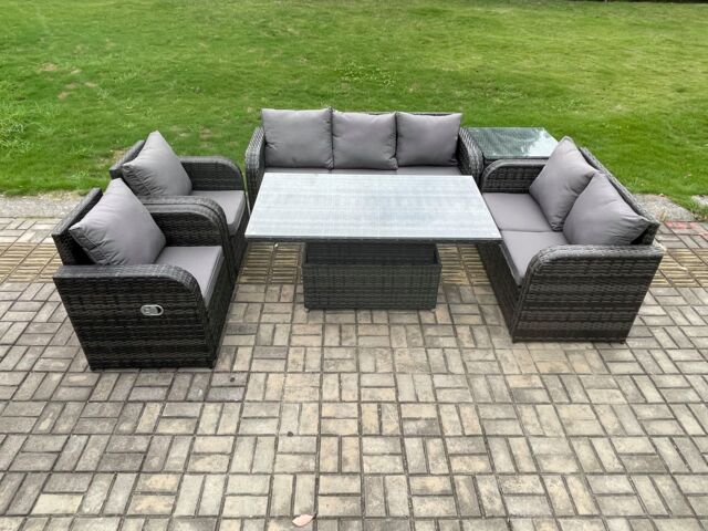 Fimous Wicker PE Rattan Outdoor Garden Furniture Sets Height Adjustable Rising lifting Dining Table Reclining Chair Sofa Set in Dark Grey - image 1