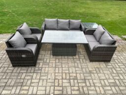 Fimous Wicker PE Rattan Outdoor Garden Furniture Sets Height Adjustable Rising lifting Dining Table Reclining Chair Sofa Set in Dark Grey - thumbnail 2