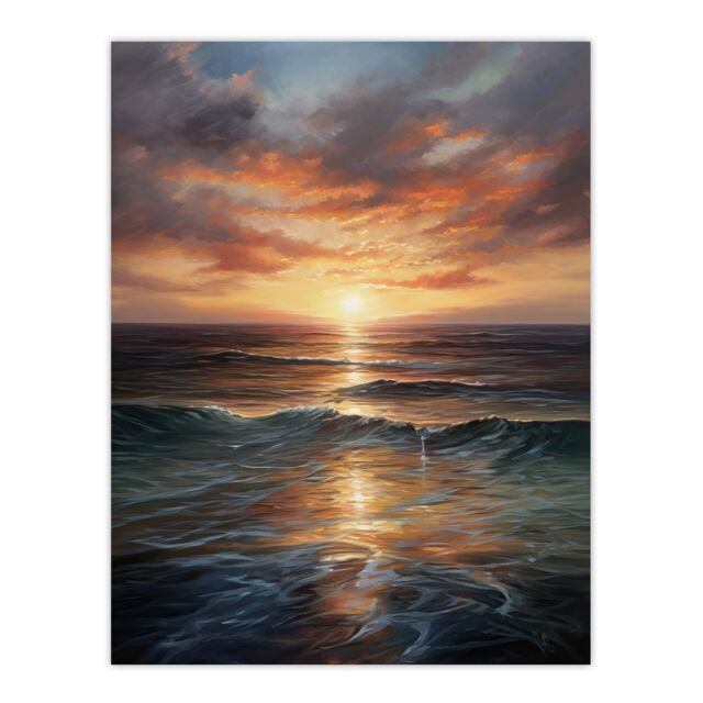 "Artery8 Tranquil Seascape Sunset Ocean Waves On Sea Oil Painting Unframed Wall Art Print Poster Home Decor Premium - Size: W12"" x H16""" - image 1