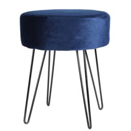 Harbour Housewares Round Velvet Footstool - H40 x D35cm - Black Hairpin Legs in Blue - thumbnail 1