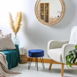 Harbour Housewares Round Velvet Footstool - H40 x D35cm - Black Hairpin Legs in Blue - thumbnail 7