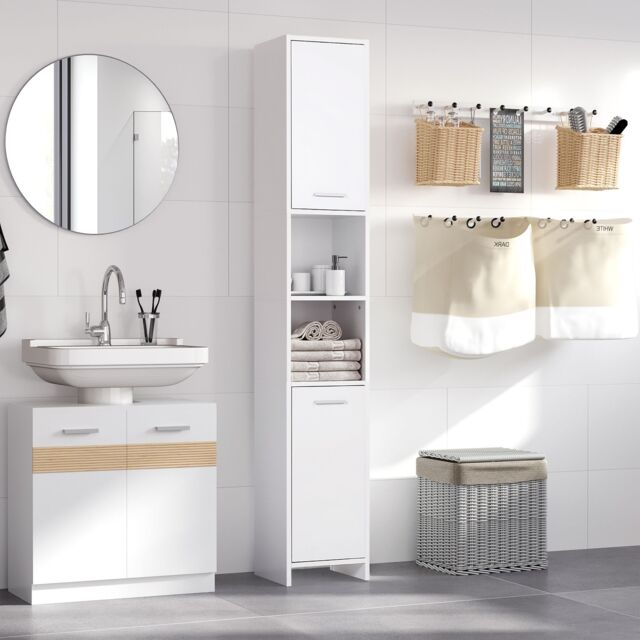 HOMCOM Bathroom Floor Storage Cabinet Slim Tallboy Door Cupboard & Shelves in White - image 1