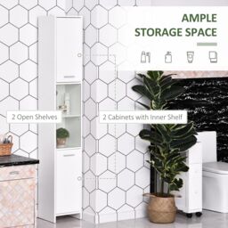 HOMCOM Bathroom Floor Storage Cabinet Slim Tallboy Door Cupboard & Shelves in White - thumbnail 4