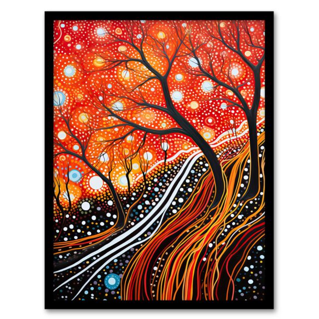 Artery8 Modern Vibrant Striking Aboriginal Style Artwork Painting Reds Orange Trees & Roots Stars & Sky Art Print Framed Poster Wall Decor - image 1