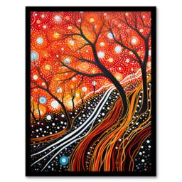 Artery8 Modern Vibrant Striking Aboriginal Style Artwork Painting Reds Orange Trees & Roots Stars & Sky Art Print Framed Poster Wall Decor - thumbnail 1