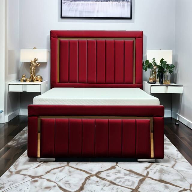 UK Bed Furniture Princess Slatted Base Upholstered Bed with 48 Inch Panel Headboard in Maroon - Size: Super King - image 1