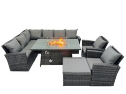 Fimous Rattan Outdoor Patio Gas Firpit Table Sofa Set with Big Stool 2 Chairs in Dark Grey - thumbnail 1