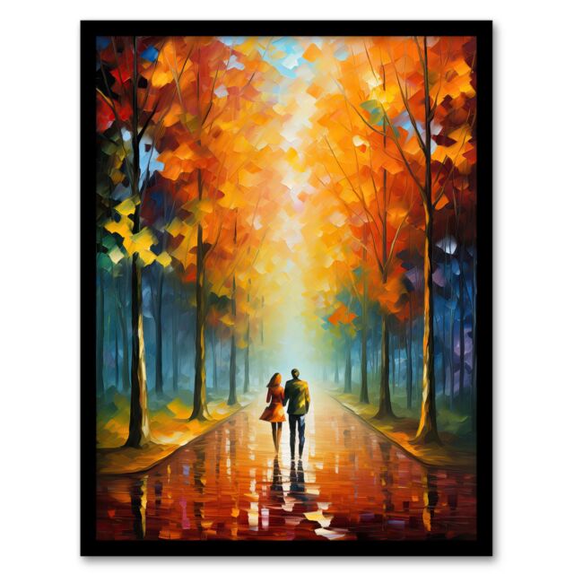 Artery8 Wall Art Print Lovers Walk Oil Painting Pallet Knife Couple Taking Stroll Through Park In Autumn Art Framed in Black - Size: A4 - image 1