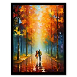 Artery8 Wall Art Print Lovers Walk Oil Painting Pallet Knife Couple Taking Stroll Through Park In Autumn Art Framed in Black - Size: A4 - thumbnail 1