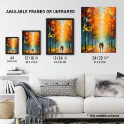 Artery8 Wall Art Print Lovers Walk Oil Painting Pallet Knife Couple Taking Stroll Through Park In Autumn Art Framed in Black - Size: A4 - thumbnail 3
