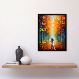 Artery8 Wall Art Print Lovers Walk Oil Painting Pallet Knife Couple Taking Stroll Through Park In Autumn Art Framed in Black - Size: A4 - thumbnail 4