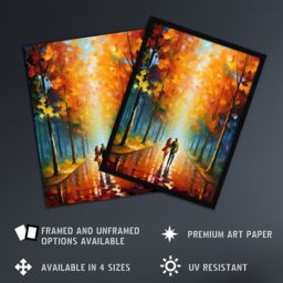 Artery8 Wall Art Print Lovers Walk Oil Painting Pallet Knife Couple Taking Stroll Through Park In Autumn Art Framed in Black - Size: A4 - thumbnail 2