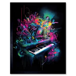 "Artery8 Wall Art Print Melodic Explosion Piano Bursting in Vibrant Colours Modern Acrylic Paint Painting Art Framed in Black - Size: W12"" x H16""" - thumbnail 1