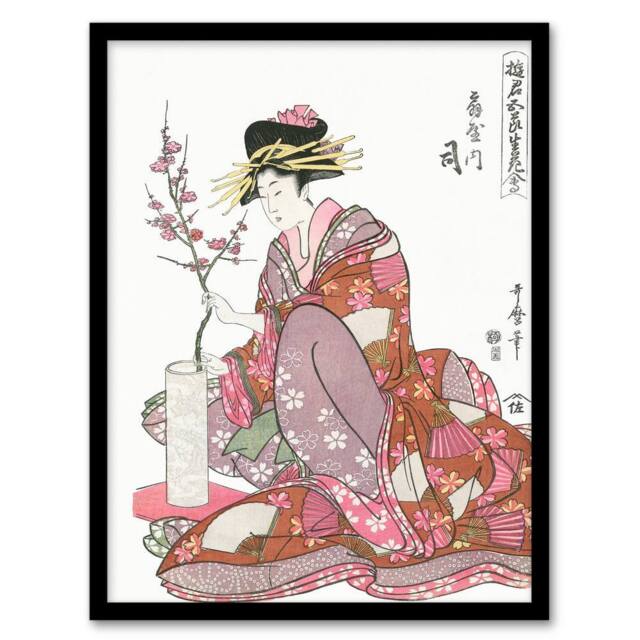 Artery8 Utamaro Kitagawa Framed Wall Art Print Courtesan Tsukasa Of Ogiya in Pink - Size: A4 - image 1