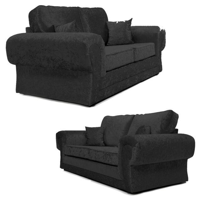 Furnishings For Less UK Chelsea Crushed Velvet 2 Piece Sofa Set 3 Seater & 2 Seater Rolled Arms in Black - image 1